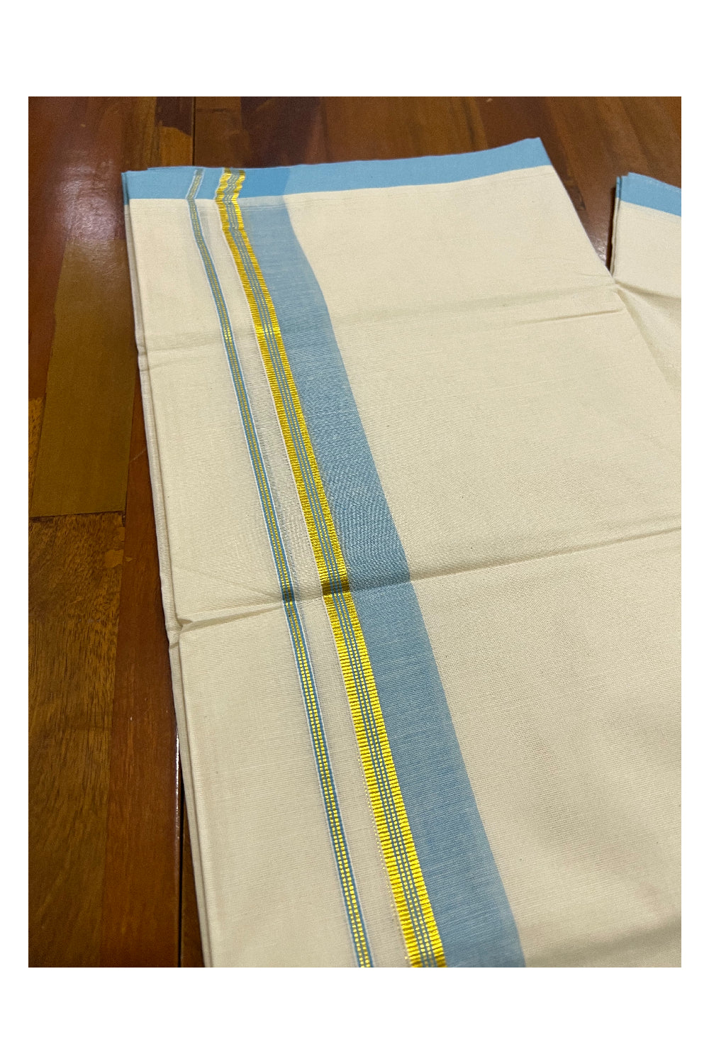 Pure Cotton Off White Double Mundu with Light Blue and Kasavu Border (South Indian Dhoti)