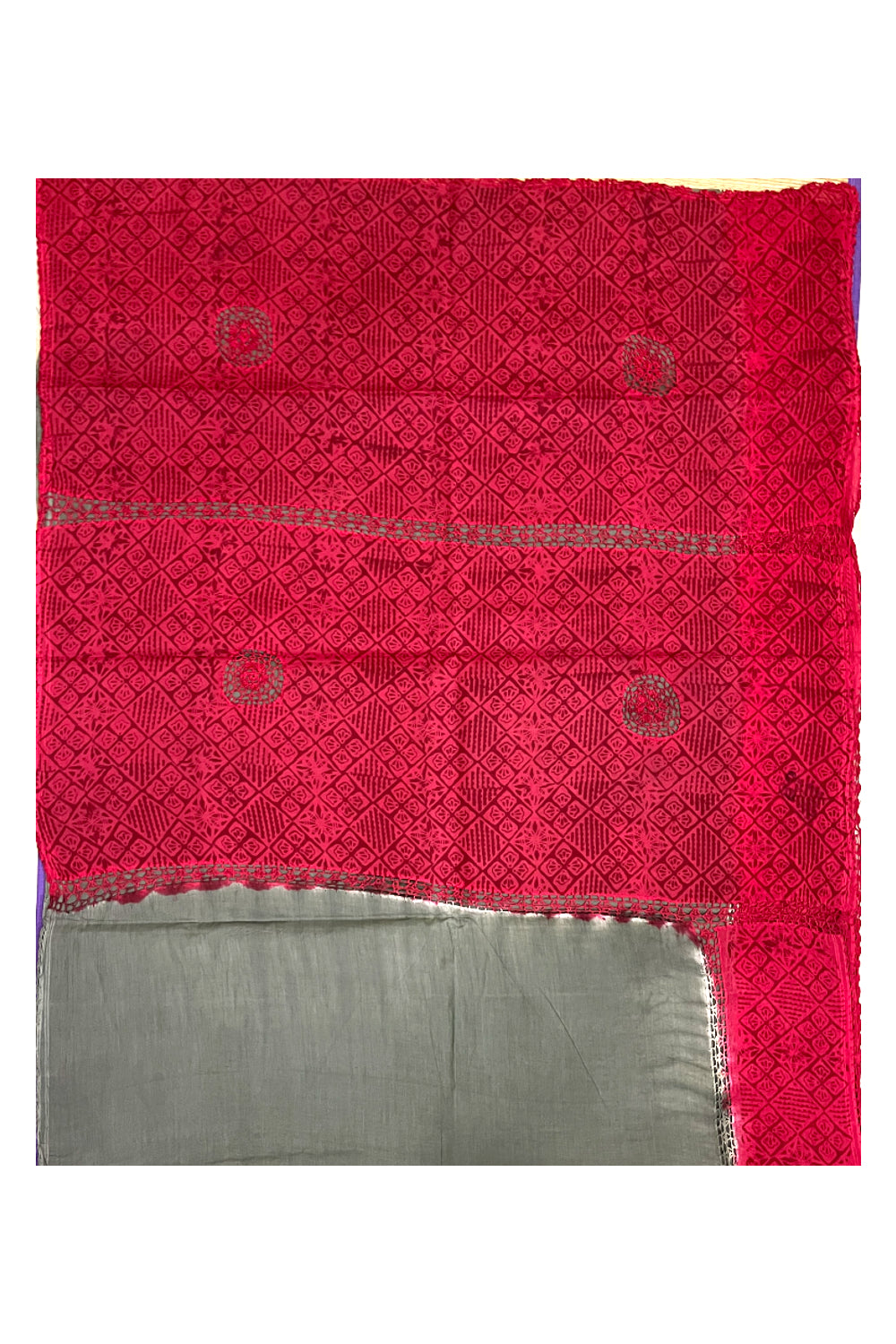 Southloom Pure Cotton Grey Saree with Designer Red Crochet works on Border