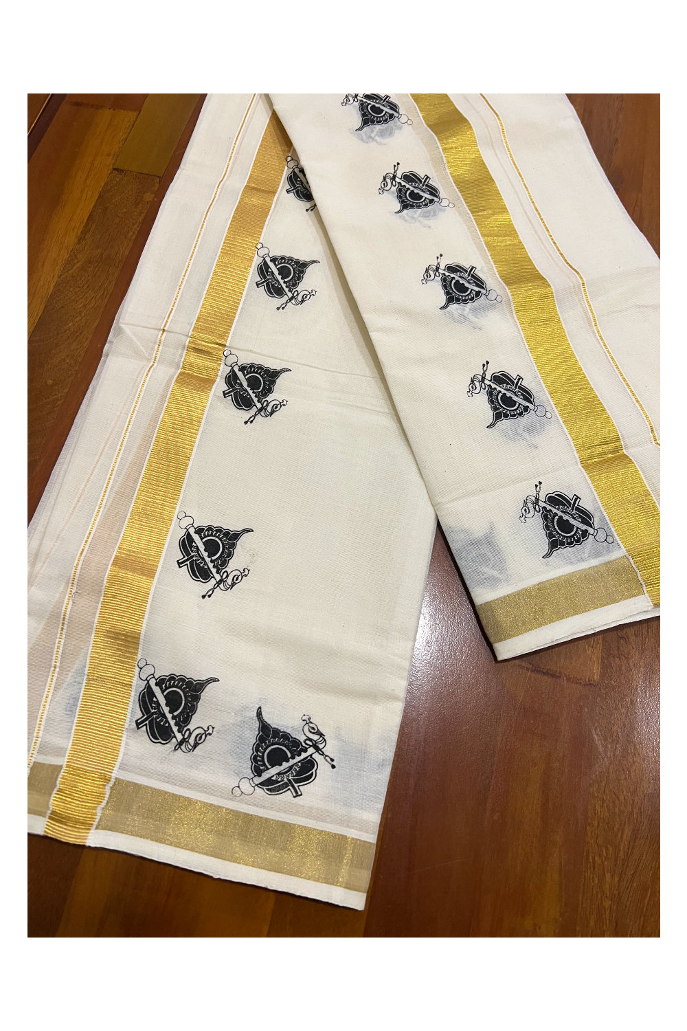 Kerala Cotton Kasavu Set Mundu (Mundum Neriyathum) with Black Block Prints