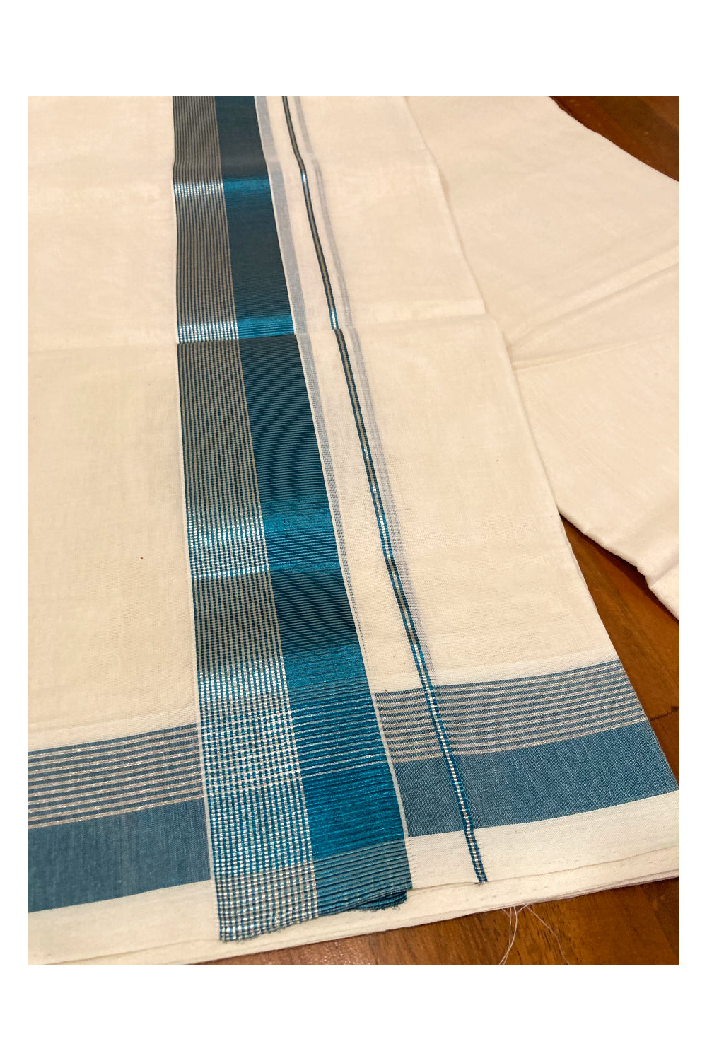 Southloom Premium Handloom Cotton Off White Mundu with Silver and Light Blue Kasavu Border (South Indian Dhoti)