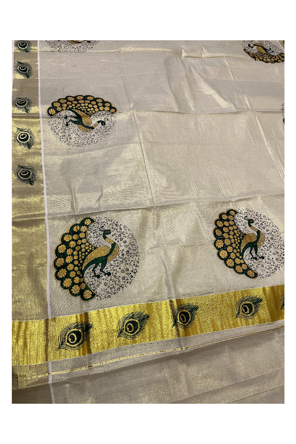 Kerala Tissue Kasavu Saree with Green Peacock Mural Printed Design