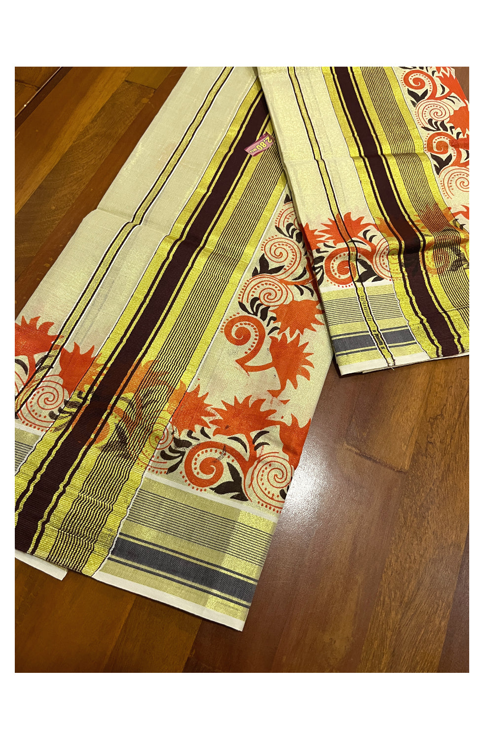 Kerala Tissue Set Mundu (Mundum Neriyathum) with Orange Floral Block Prints on Brown and Kasavu Border 2.80 Mtrs