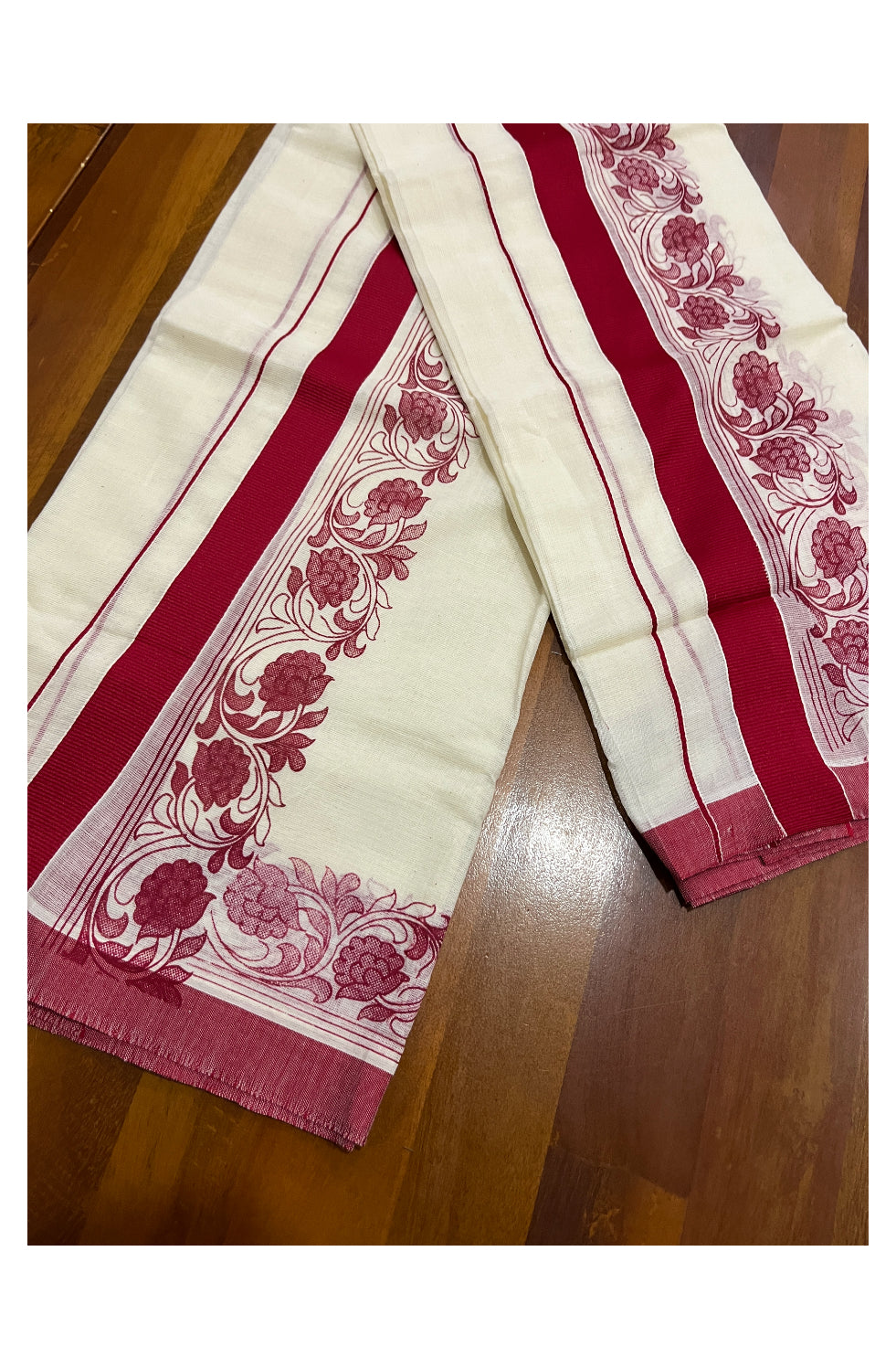 Kerala Cotton Set Mundu (Mundum Neriyathum) with Maroon Block Prints on Border