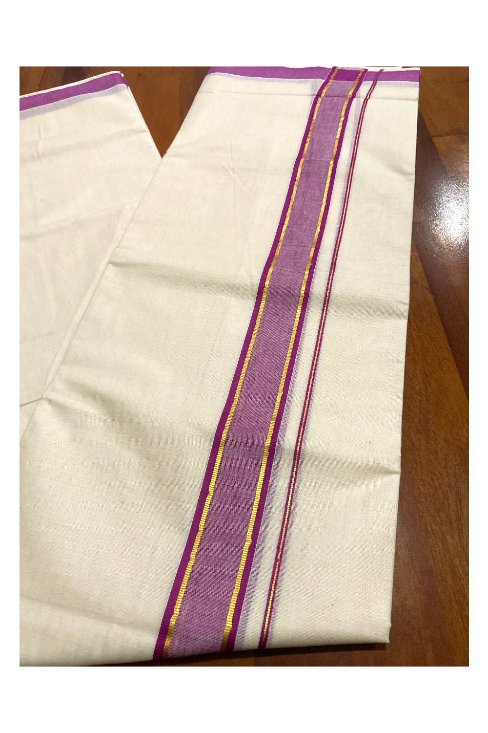 Off White Pure Cotton Double Mundu with Kasavu and Magenta Border (South Indian Dhoti)