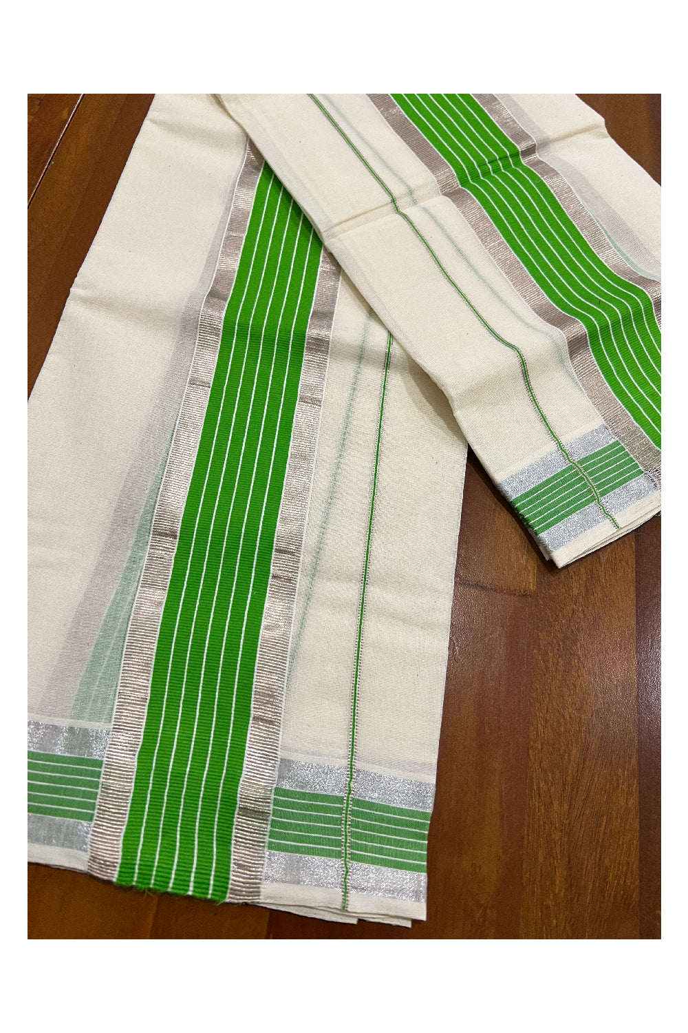 Kerala Cotton Mundum Neriyathum Single (Set Mundu) with Light Green and Silver Kasavu Border