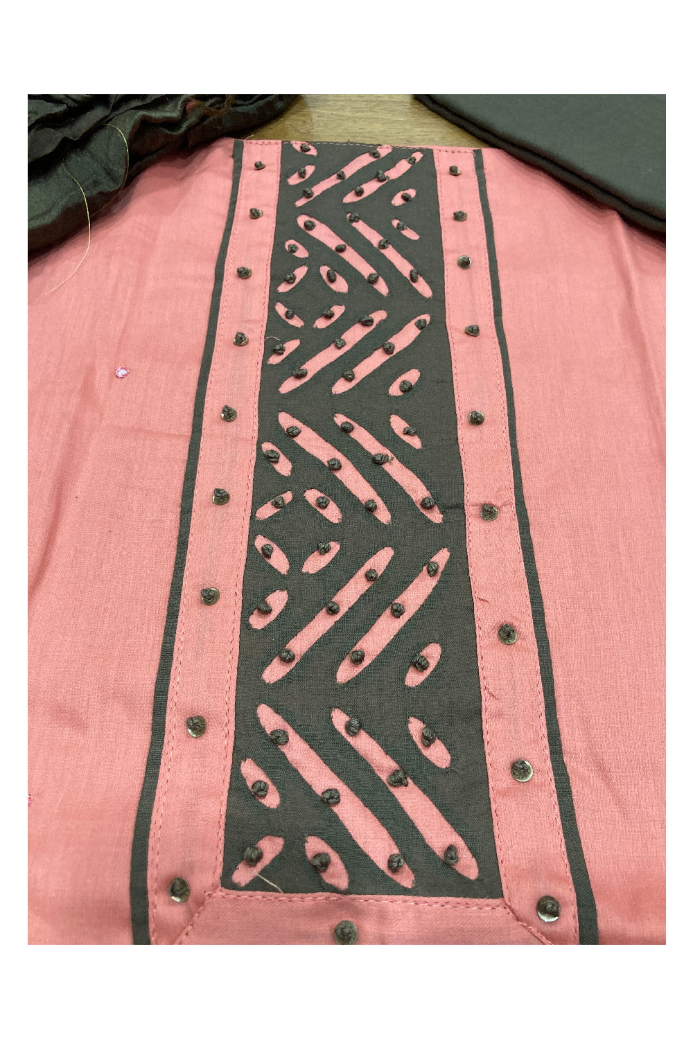 Southloom™ Cotton Churidar Salwar Suit Material in Peach and Greyish Green Thread Works in Yoke Portion