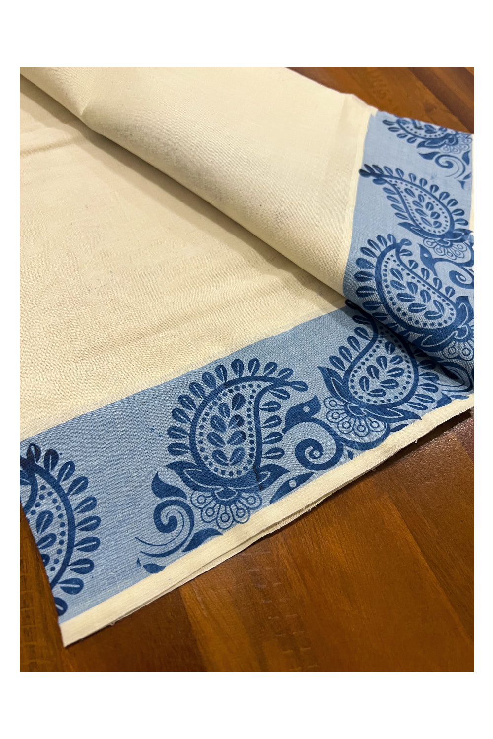 Kerala Cotton Set Mundu (Mundum Neriyathum) with Blue Paisley Temple Block Prints on Border