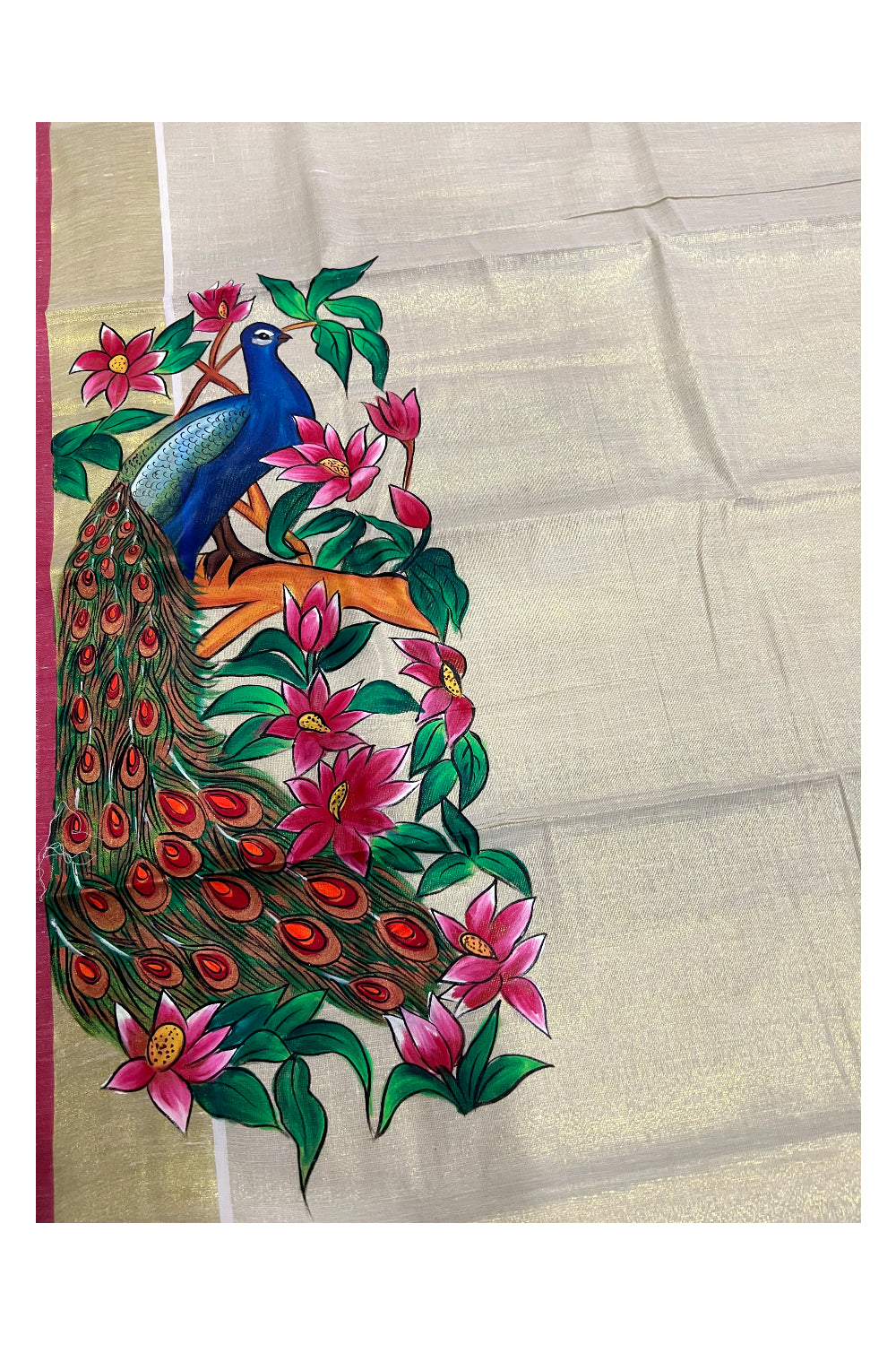 Kerala Tissue Kasavu Saree with Hand Painted Feather Design and Red Tassels Work