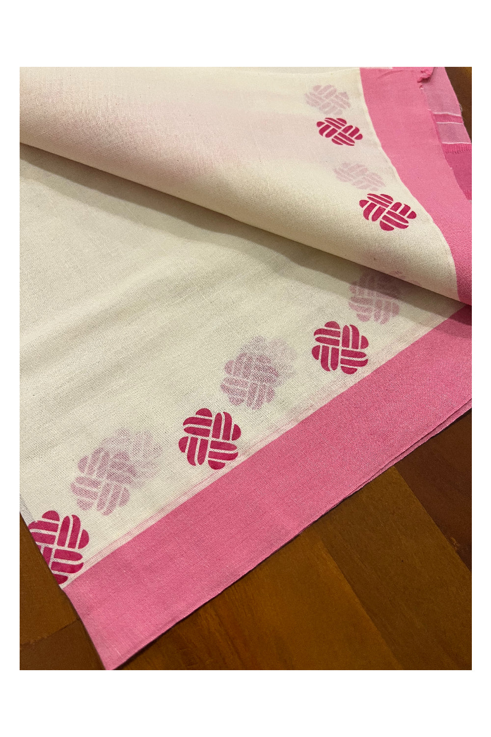 Pure Cotton Set Mundu (Mundum Neriyathum) with Pink Block Prints on Border