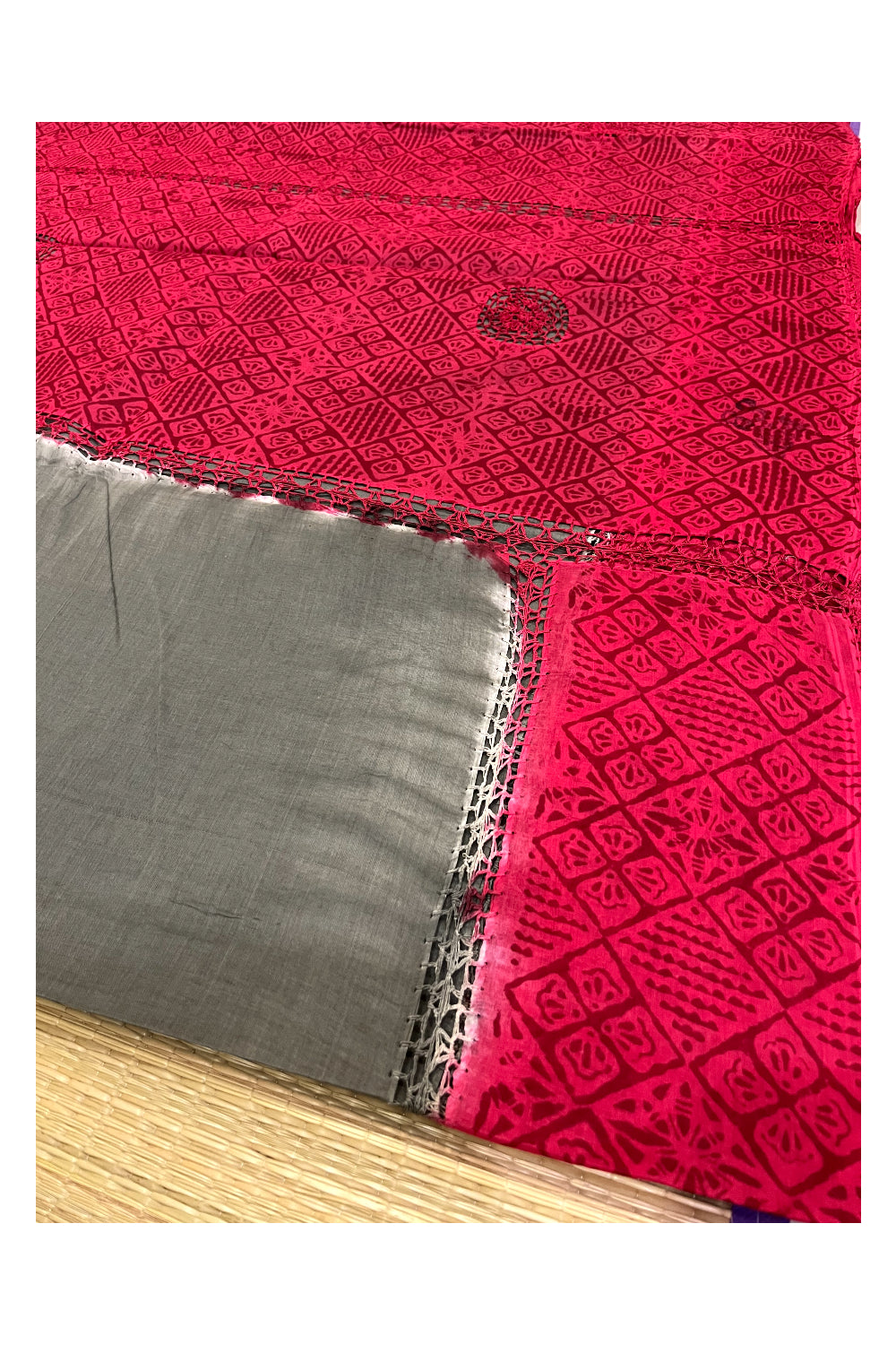 Southloom Pure Cotton Grey Saree with Designer Red Crochet works on Border