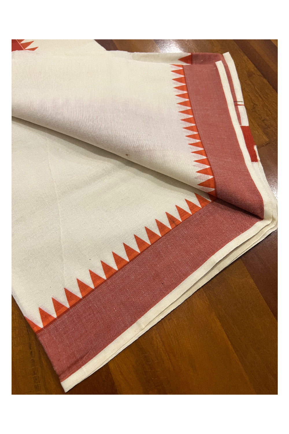 Pure Cotton Set Mundu (Mundum Neriyathum) with Orange Temple Block Prints Border