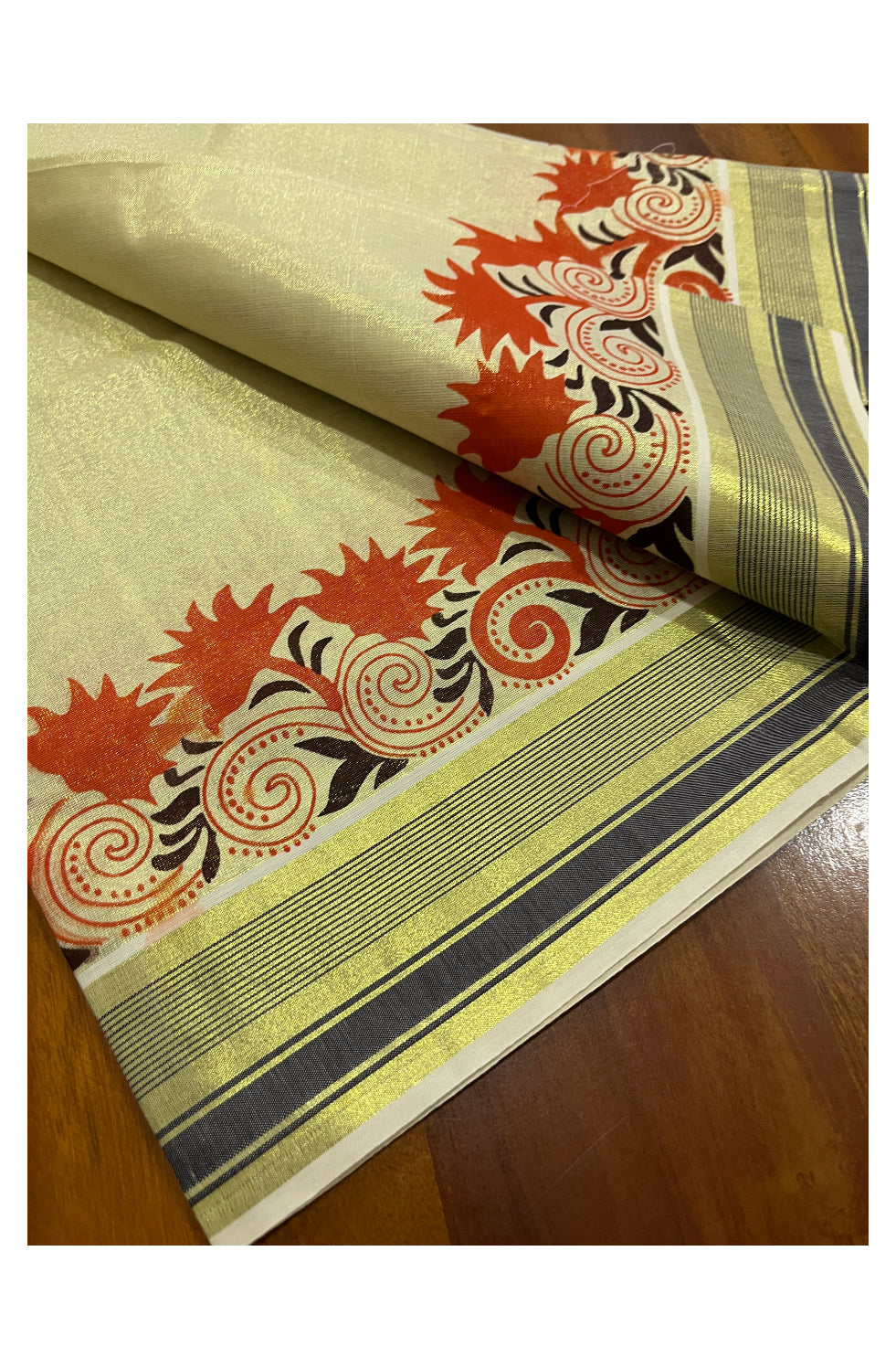 Kerala Tissue Set Mundu (Mundum Neriyathum) with Orange Floral Block Prints on Brown and Kasavu Border 2.80 Mtrs