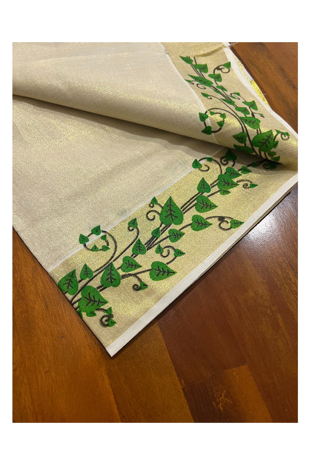 Kerala Tissue Kasavu Set Mundu (Mundum Neriyathum) with Green Leaf Mural Works