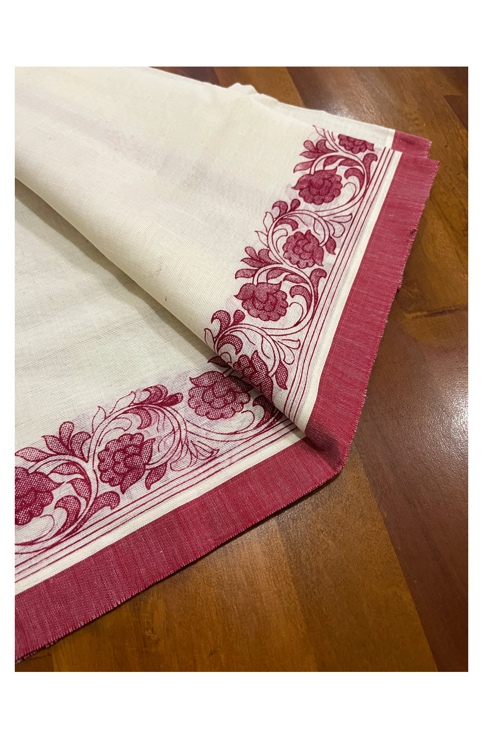 Kerala Cotton Set Mundu (Mundum Neriyathum) with Maroon Block Prints on Border