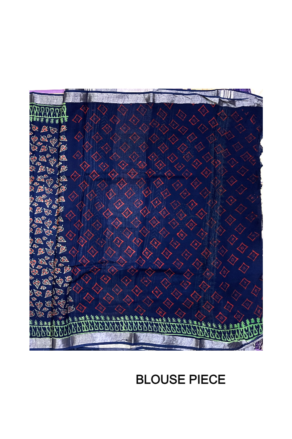 Southloom Linen Designer Blue Saree with Red Green Fabric Prints on Body and Tassels Works