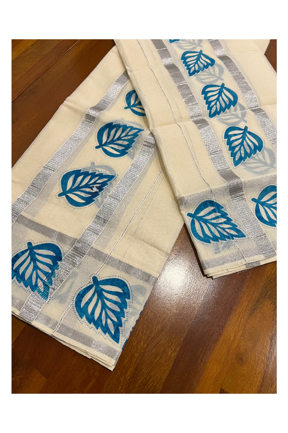 Kerala Cotton Silver Kasavu Set Mundu (Mundum Neriyathum) with Light Blue Leaf Block Print Border