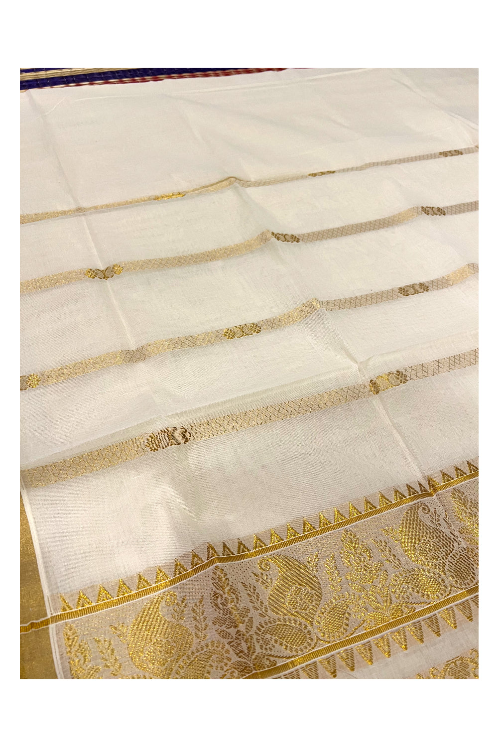 Pure Cotton Kerala Kasavu Heavy Work Saree with Floral Paisley Woven Design