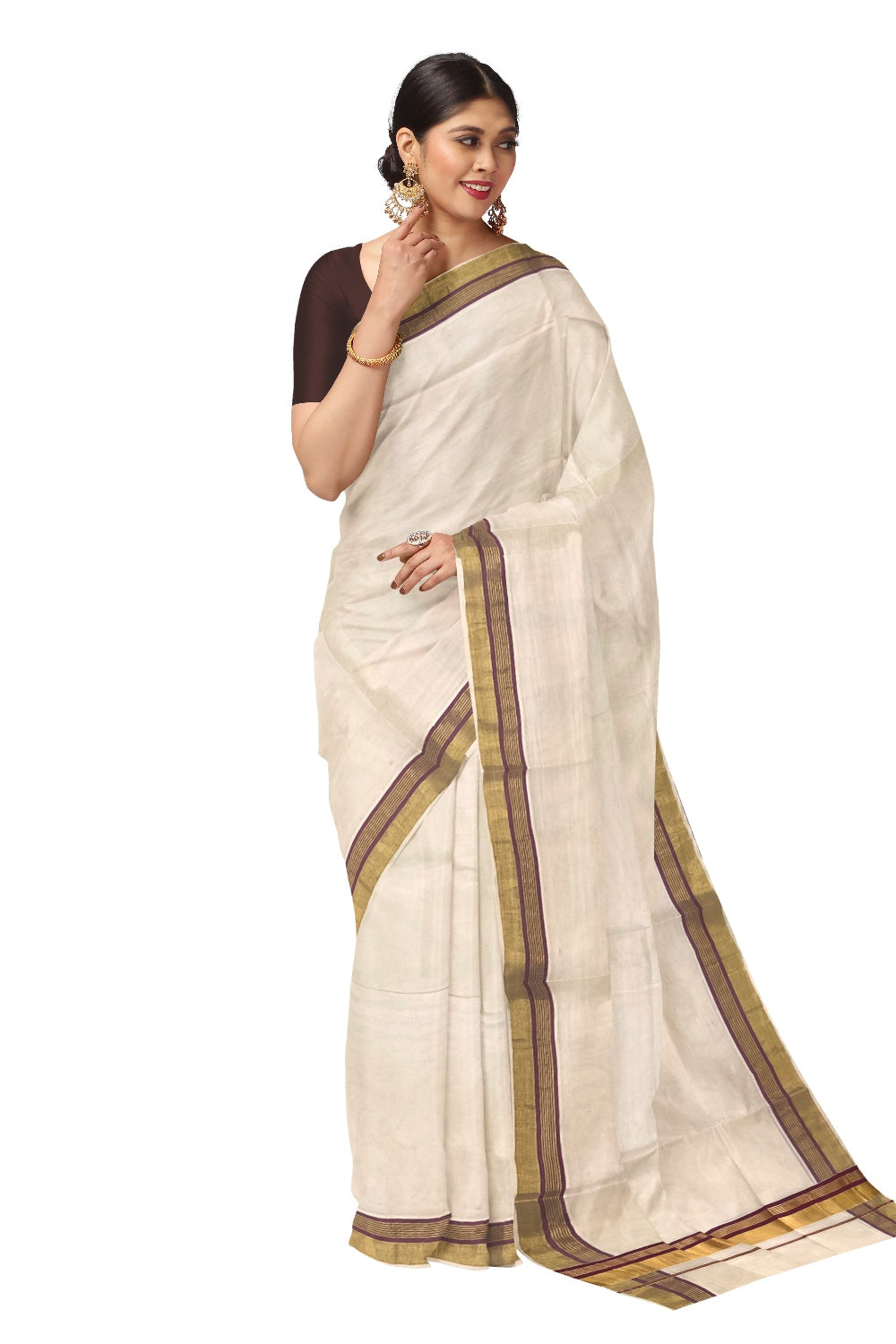 Kerala Pure Cotton Plain Saree with Kasavu and Maroon Border