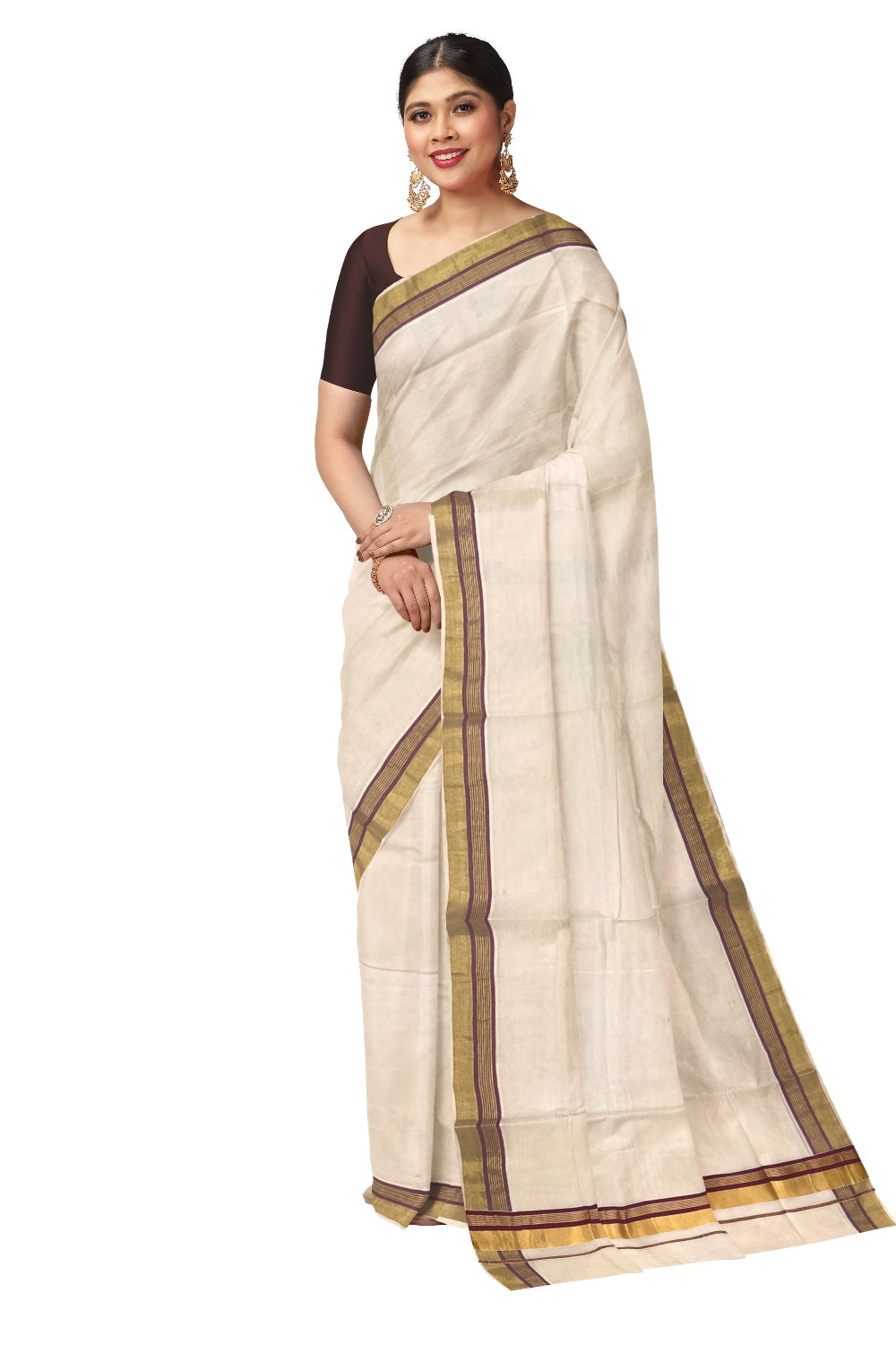 Kerala Pure Cotton Plain Saree with Kasavu and Maroon Border