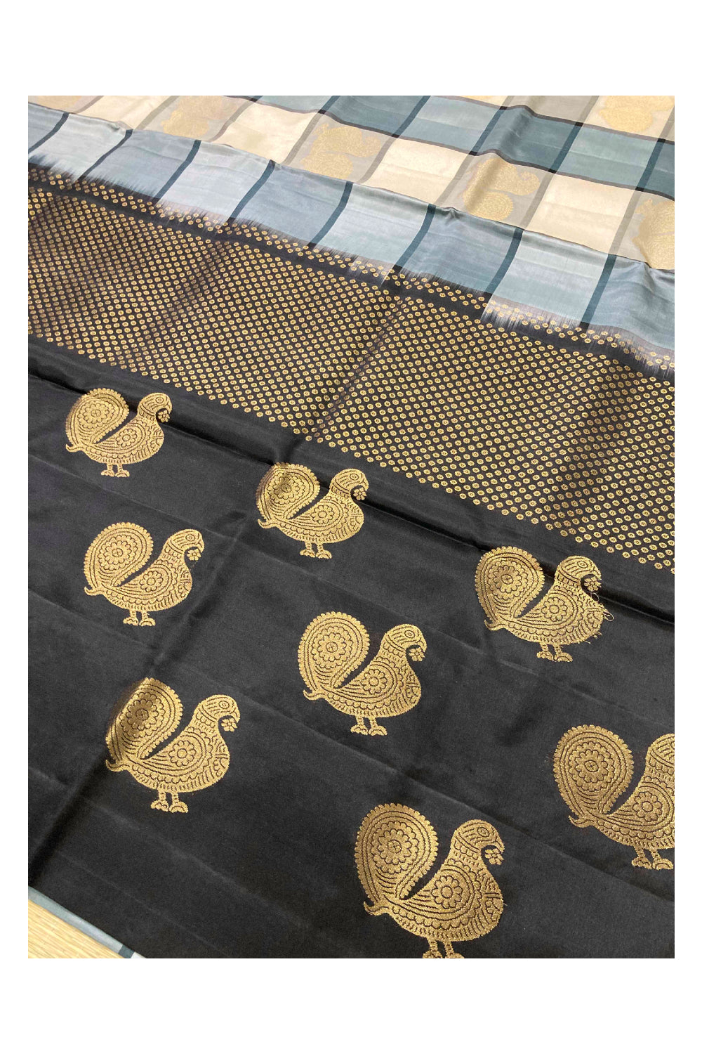 Southloom Handloom Pure Silk Kanchipuram Saree in Cream and Grey Check Box Design with Peacock Motifs