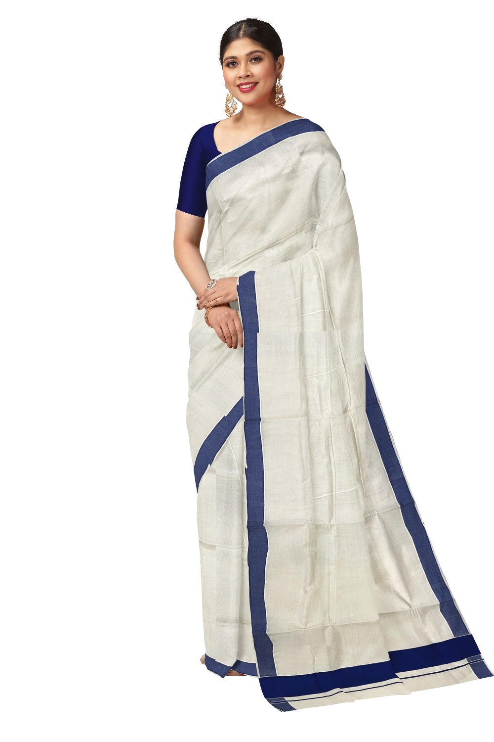 Pure Cotton Off White Kerala Saree with Dark Blue Border