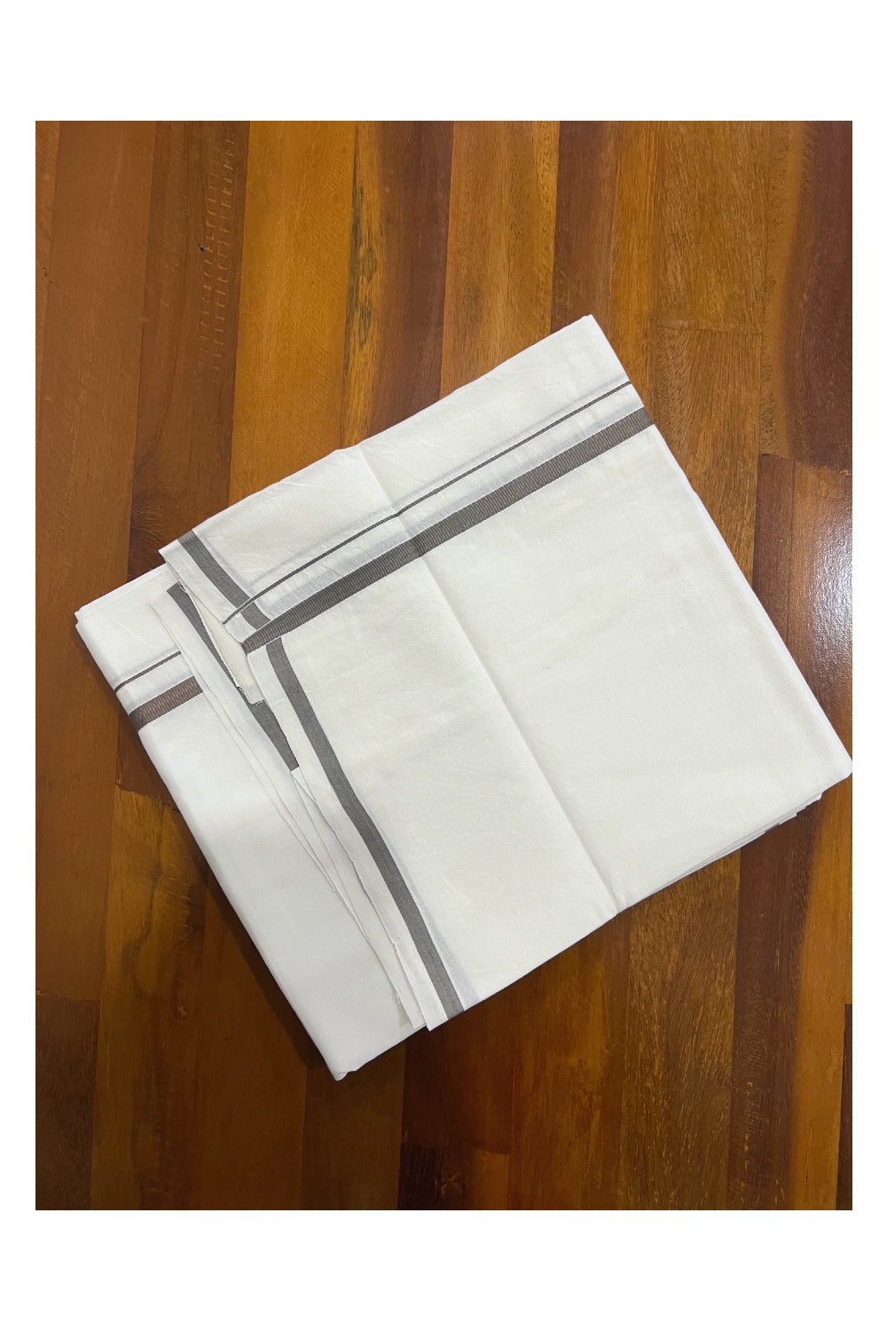 Pure White Cotton Mundu with Grey Puliyilakkara Border (South Indian Dhoti)