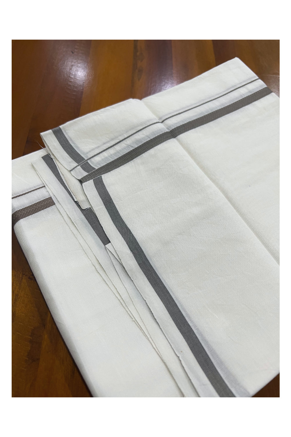 Pure White Cotton Mundu with Grey Puliyilakkara Border (South Indian Dhoti)