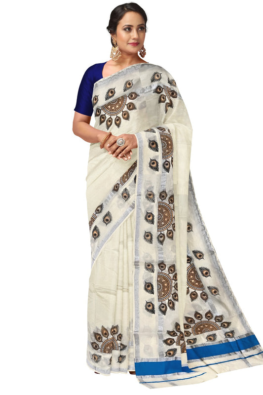 Pure Cotton Kerala Saree with Brown Peacock Feather Semi Circle Mural Prints and Silver Blue Border