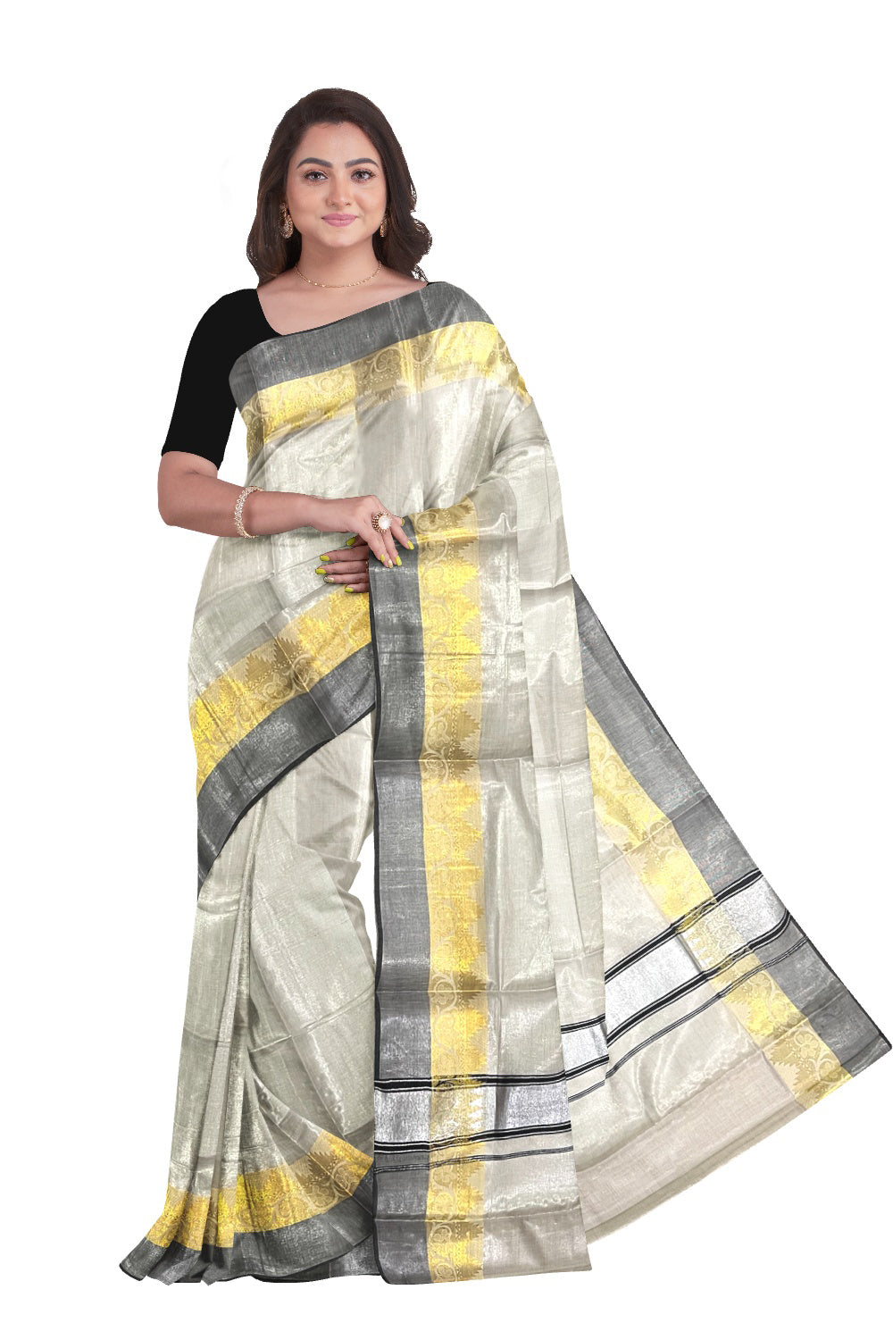 Kerala Silver Tissue Plain Saree with Black and Golden Floral Self Work Border