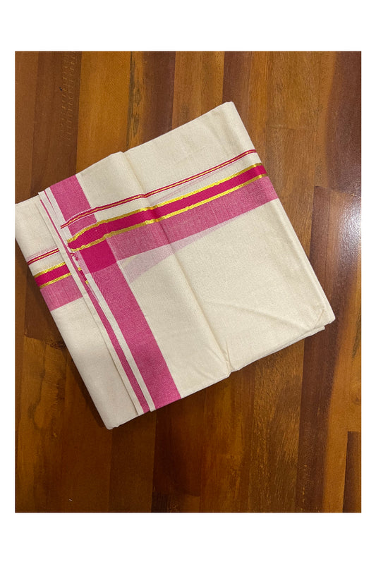 Off White Pure Cotton Double Mundu with Kasavu and Dark Pink Kara (South Indian Dhoti)