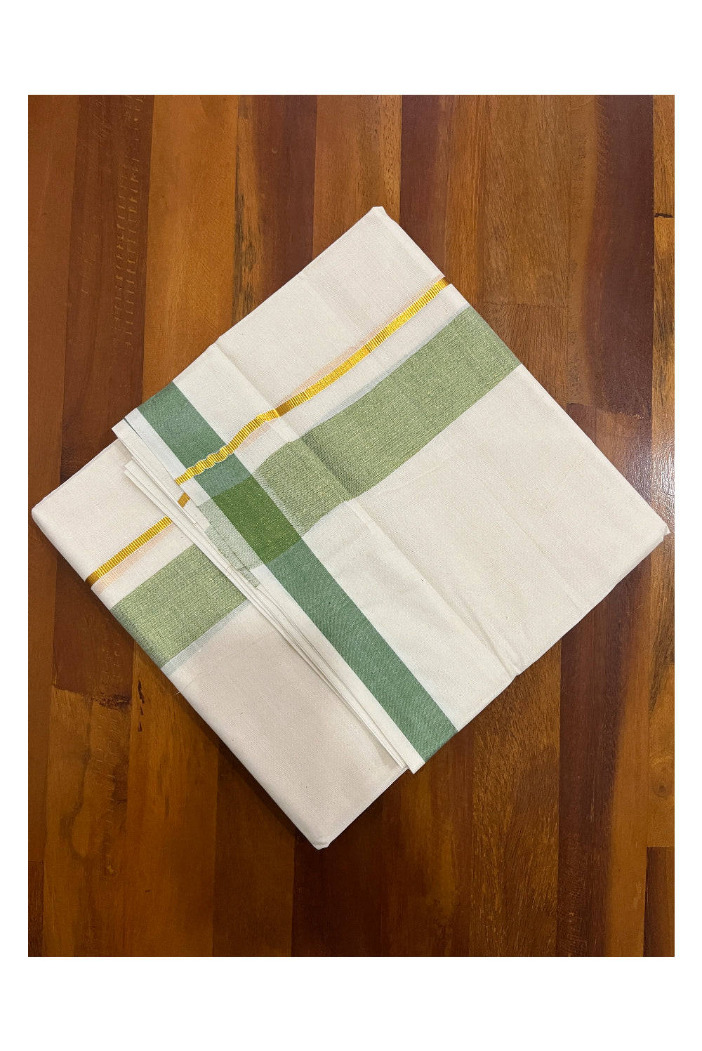 Pure Cotton Double Mundu with Kasavu Green Kara (South Indian Dhoti)