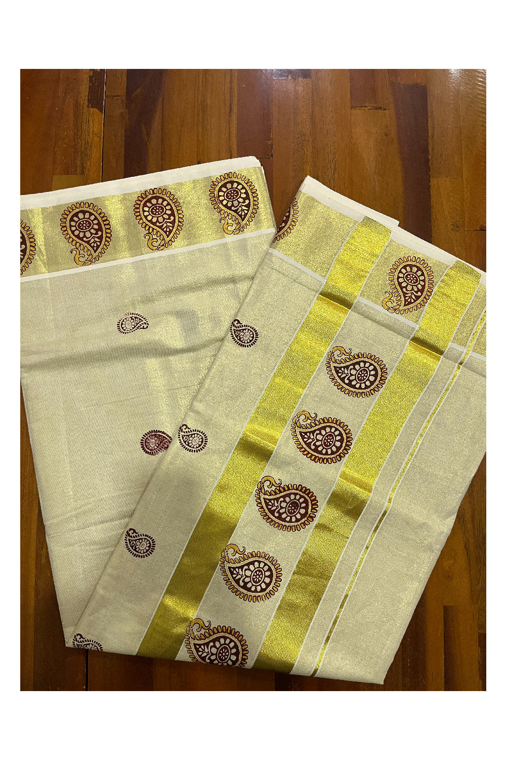 Kerala Tissue Kasavu Maroon Paisley Block Printed Design Saree