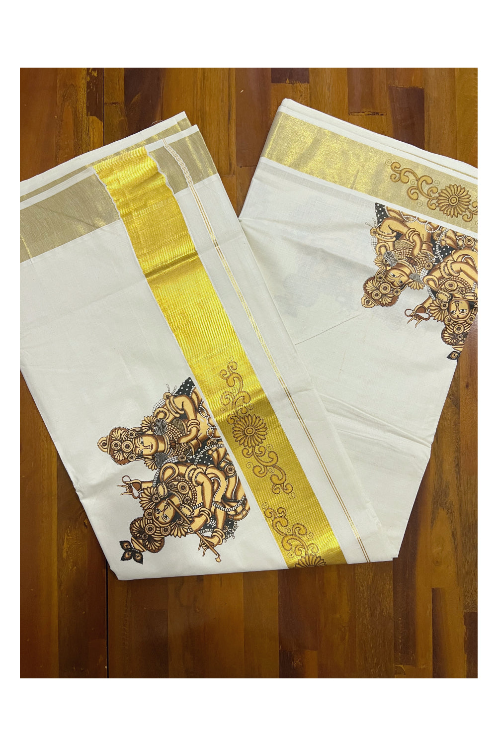 Pure Cotton Kerala Kasavu Saree with Mural Printed Brown Krishna Radha Design