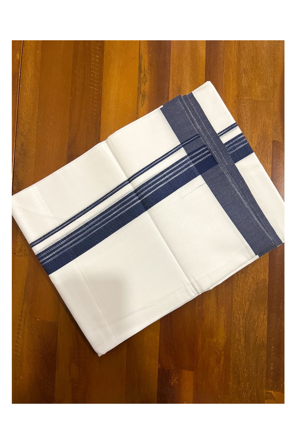 Pure White Cotton Double Mundu with Navy Blue Border (South Indian Dhoti)