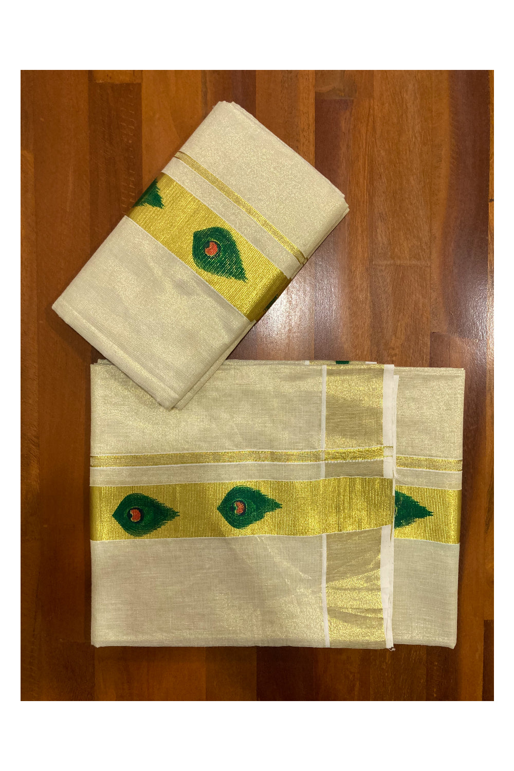 Kerala Tissue Kasavu Set Mundu (Mundum Neriyathum) with Feather Block Printed Design 2.80 Mtrs