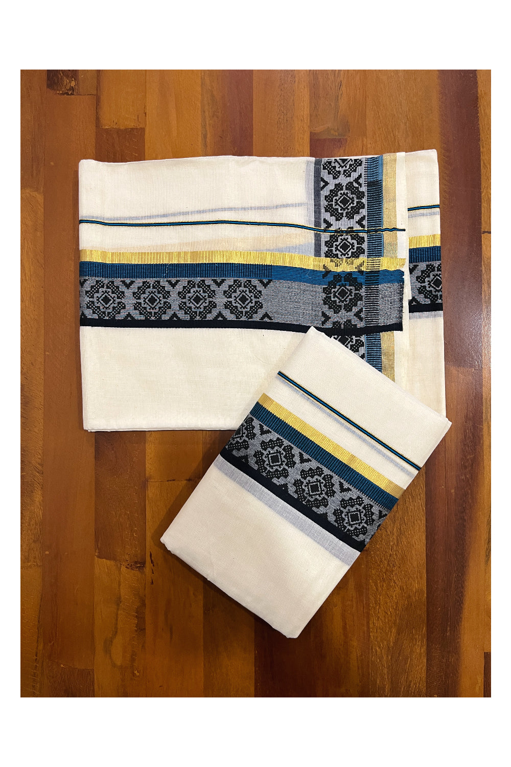 Kerala Cotton Single Kasavu Set Mundu (Mundum Neriyathum) with Black Block Prints on Blue Border