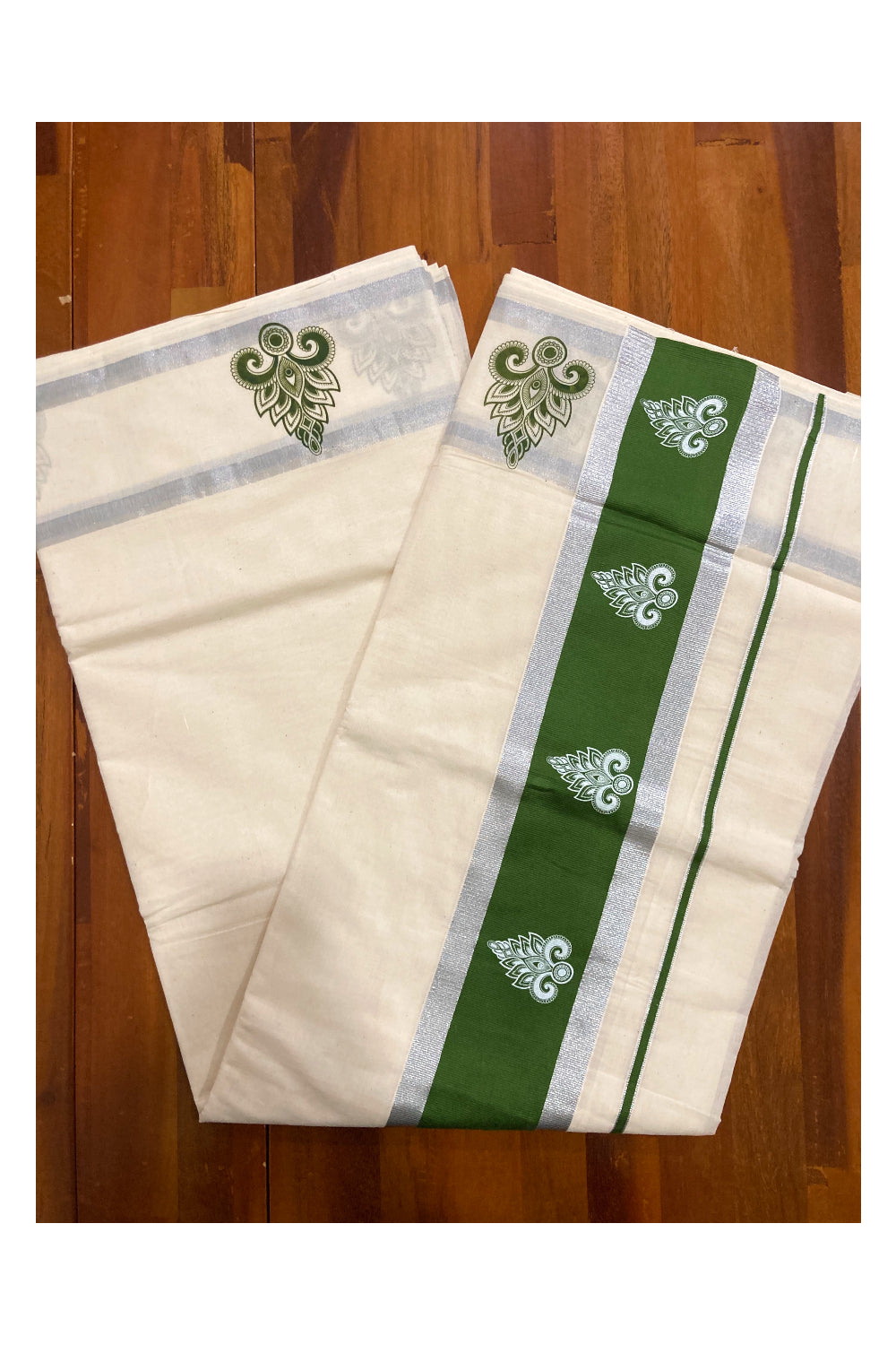 Pure Cotton Kerala Silver Kasavu Saree with White Block Prints in Light Green Pallu