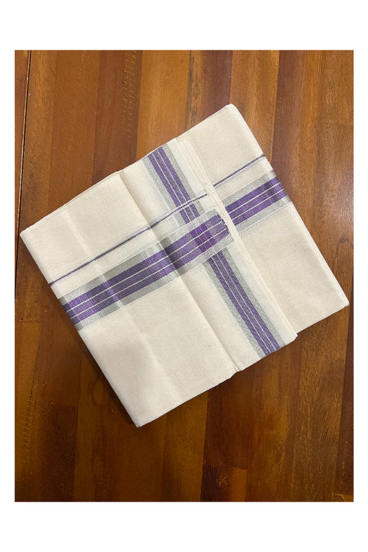 Southloom Balaramapuram Handloom Pure Cotton Mundu with Silver and Violet Kasavu Border (South Indian Dhoti)