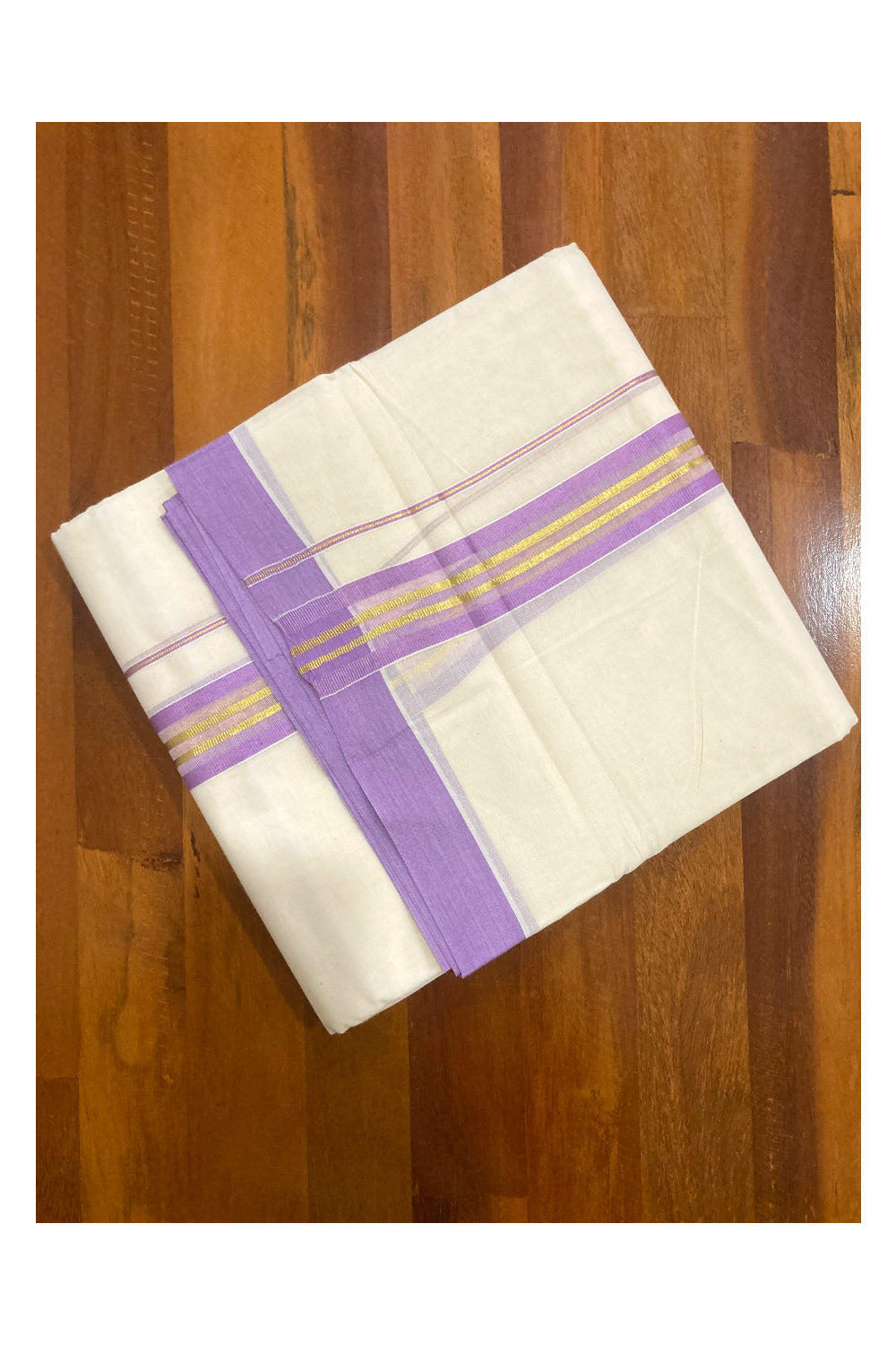 Pure Cotton Off White Double Mundu with Violet and Kasavu Border (South Indian Dhoti)