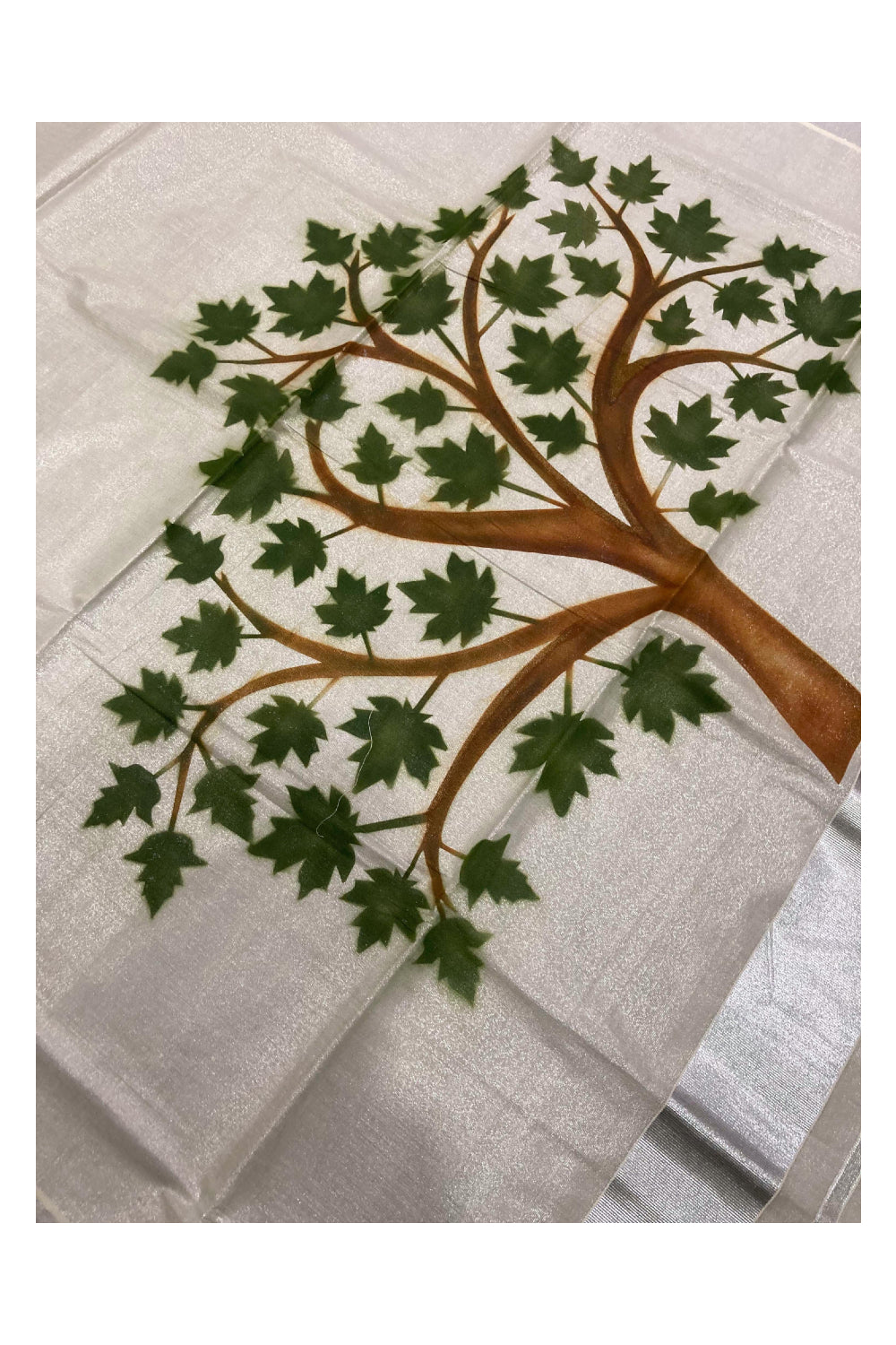 Kerala Silver Tissue Kasavu Mural Tree and Leaves Design Printed Saree