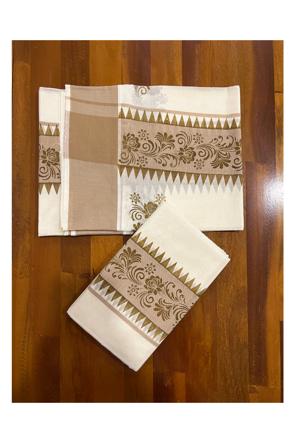 Kerala Cotton Set Mundu (Mundum Neriyathum) with Brown Floral Temple Block Prints on Border