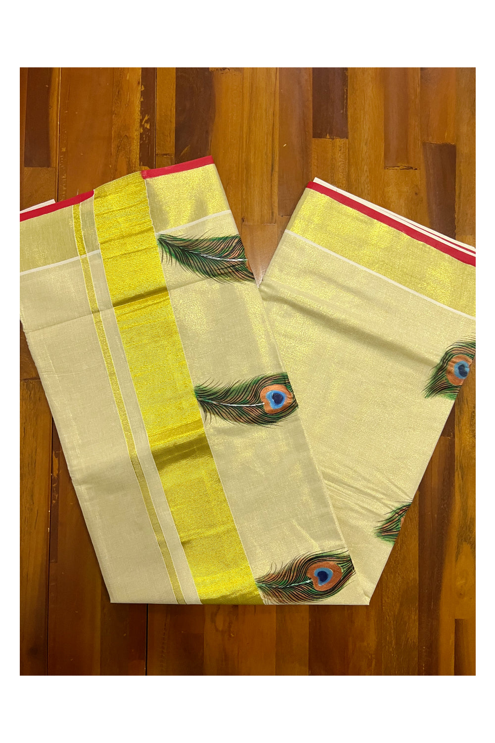 Kerala Tissue Kasavu Saree with Hand Painted Feather Design and Red Line on Border