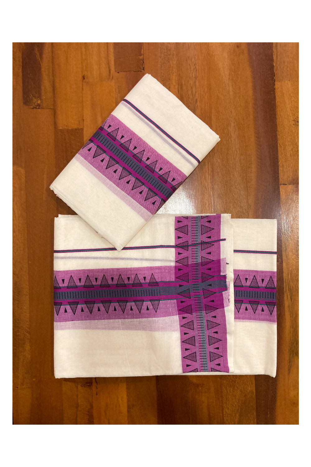 Kerala Cotton Set Mundu (Mundum Neriyathum) with Block Prints on Magenta Border