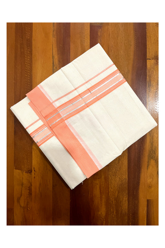 Pure Cotton Off White Double Mundu with Peach and Silver Kara (South Indian Kerala Dhoti)