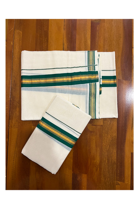 Pure Cotton Kerala Single Set Mundu (Mundum Neriyathum) with Green and Kasavu Border