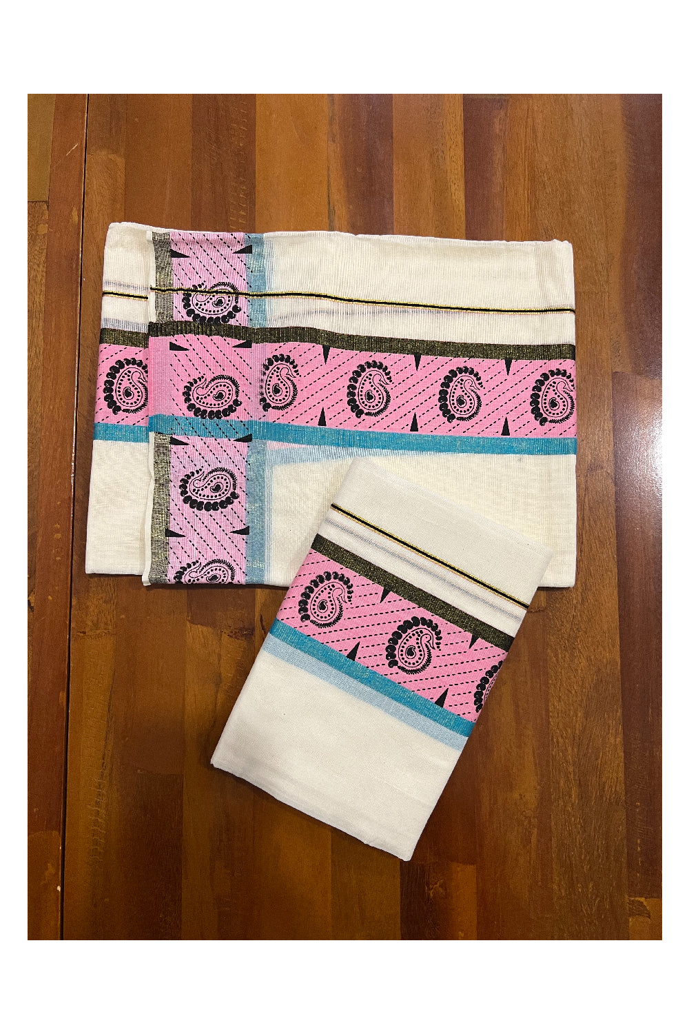 Kerala Cotton Kasavu Set Mundu (Mundum Neriyathum) with Black Paisley Block Prints in Pink Border