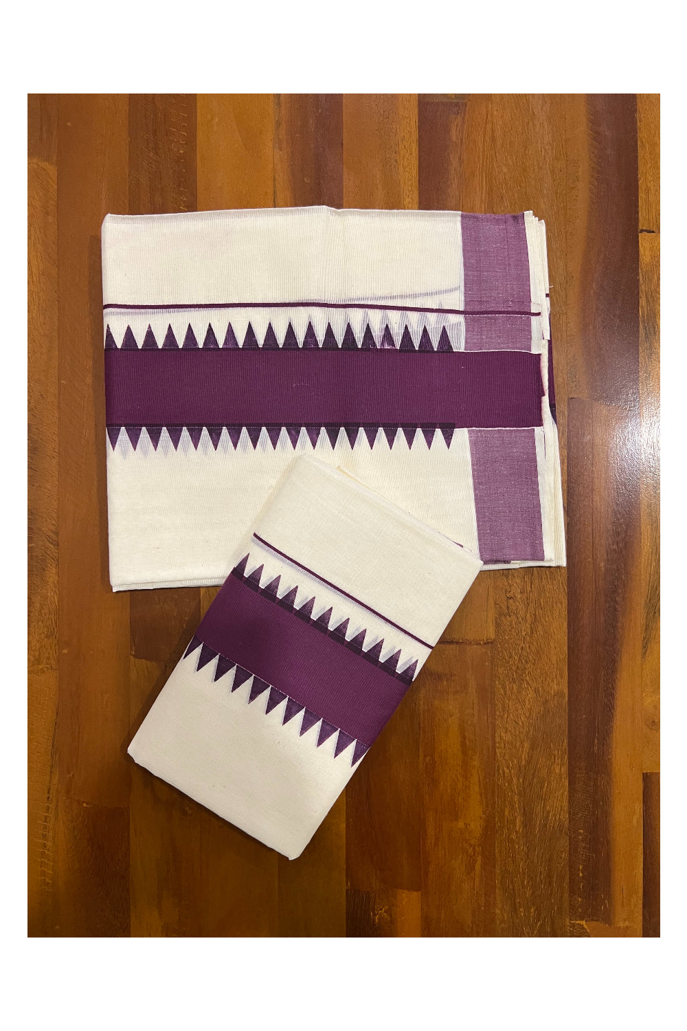 Pure Cotton Set Mundu (Mundum Neriyathum) with Purple Temple Block Prints Border