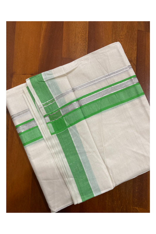 Off White Kerala Double Mundu with Silver Kasavu and Light Green Kara (South Indian Dhoti)