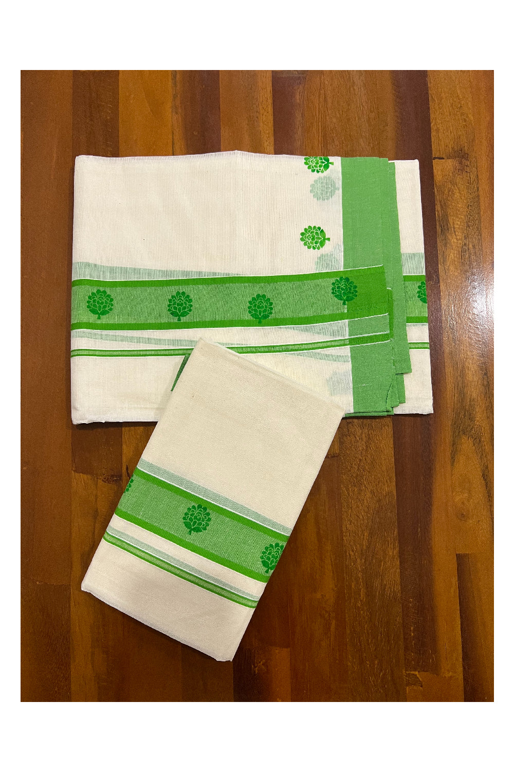 Pure Cotton Set Mundu (Mundum Neriyathum) with Light Green Floral Block Prints on Border