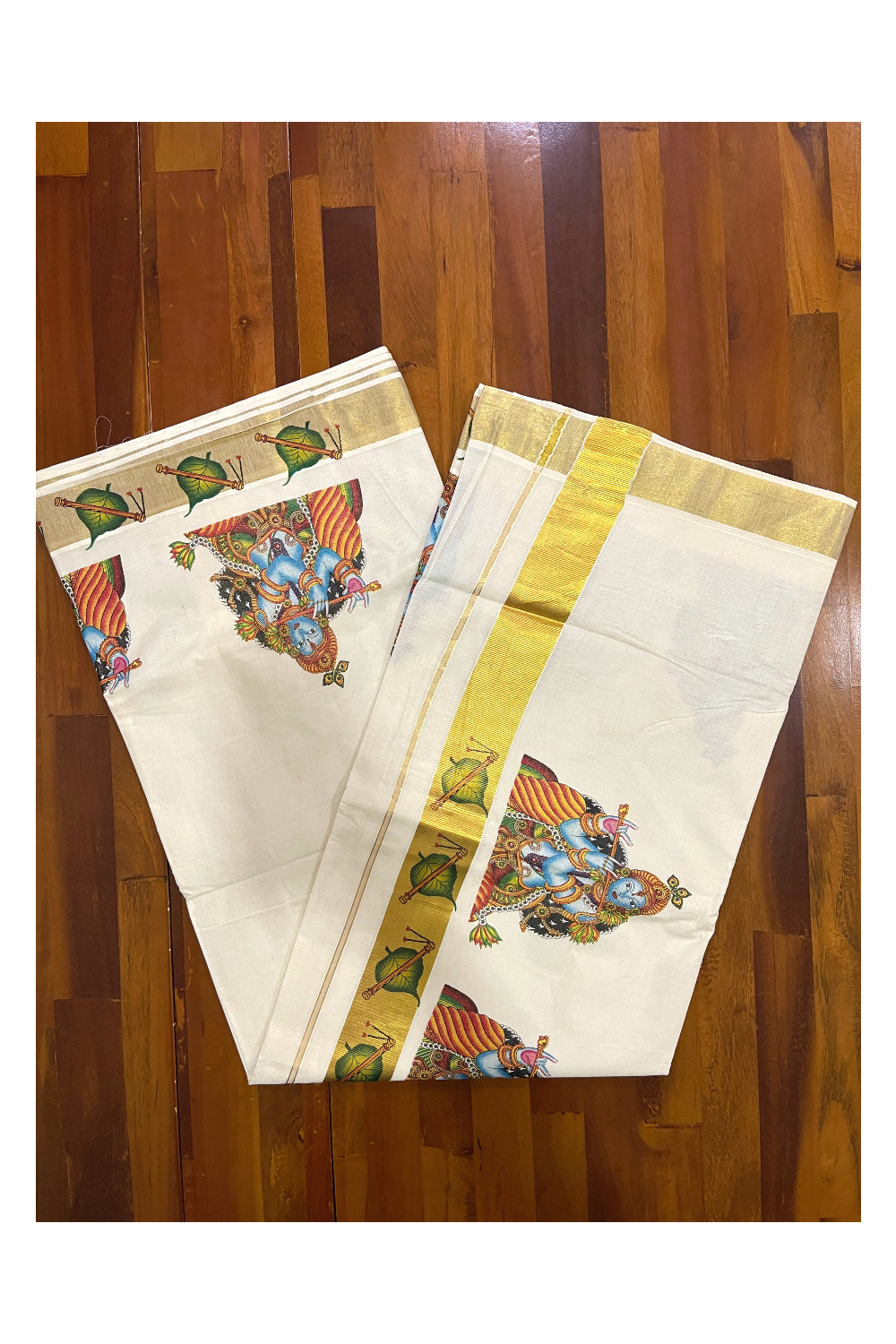 Kerala Pure Cotton Saree with Lord Krishna Mural Prints and Printed Kasavu Border